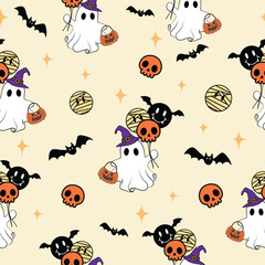 Fototapeta premium Halloween Spooky Cute Ghost with Skulls and Bat Pumpkin Balloons seamless pattern vector illustration for decorate invitation greeting celebration card poster banner textiles wallpaper background