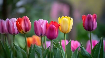 Fototapeta premium The beauty of spring with colorful tulips in a blooming garden.