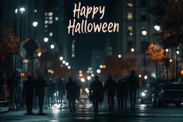 Ghoul Parade Collage: Images of ghouls marching through a dark street. The text "Happy Halloween" in a parade-themed, spooky font at the top