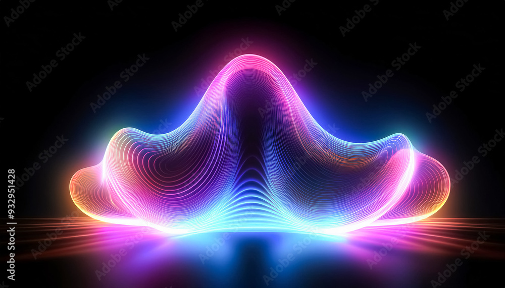 Poster abstract background lighting holographic shape glow shine on black background with copy space, techn