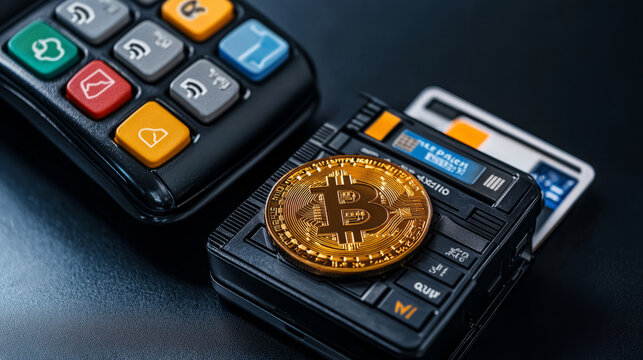 Close-up of a golden bitcoin on a payment terminal with a credit card, symbolizing digital finance and cryptocurrency transactions.