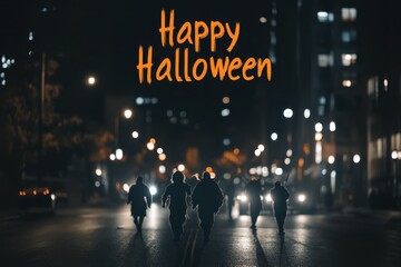 Ghoul Parade Collage: Images of ghouls marching through a dark street. The text "Happy Halloween" in a parade-themed, spooky font at the top