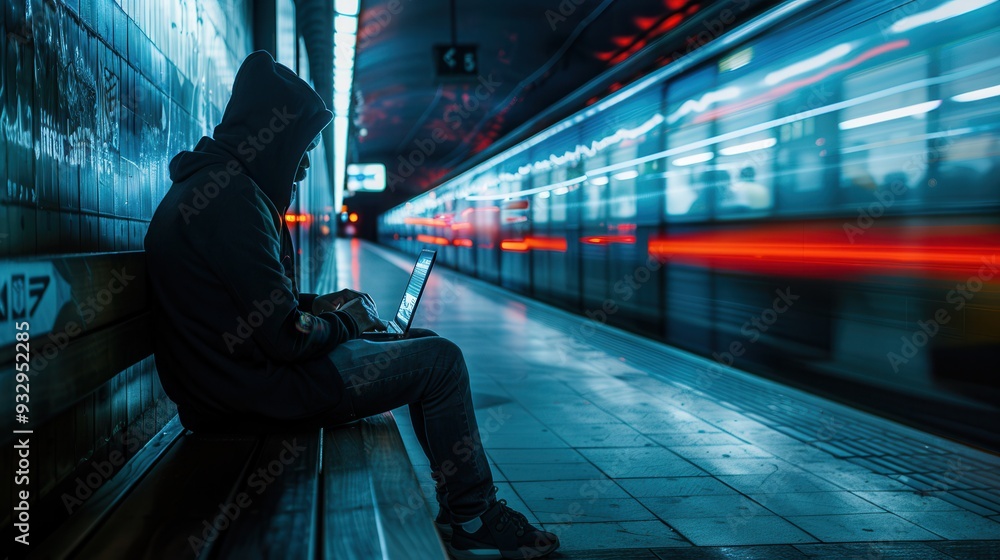Poster a hacker works intently on a laptop while seated on a bench in a bustling metro station, illuminated