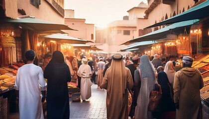 Arabic bazaar shopping in an outdoor market. Crowded with people at the market in Morocco