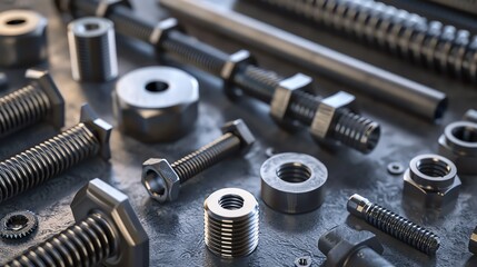 Realistic 3D render of industrial fasteners, various sizes
