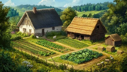 Farmhouse with garden and sheep in a rural setting.