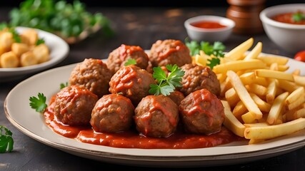 A tempting plate of juicy, perfectly seasoned beef meatballs served alongside a generous portion of golden, crispy French fries, garnished with a sprinkle of herbs.