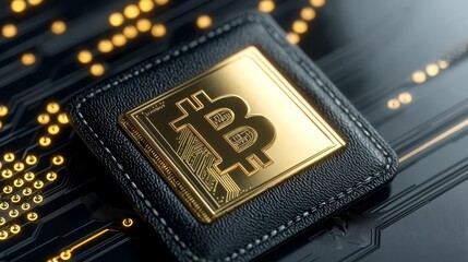 Stunning close-up of a Bitcoin wallet on a digital circuit background, highlighting cryptocurrency innovation and modern finance.