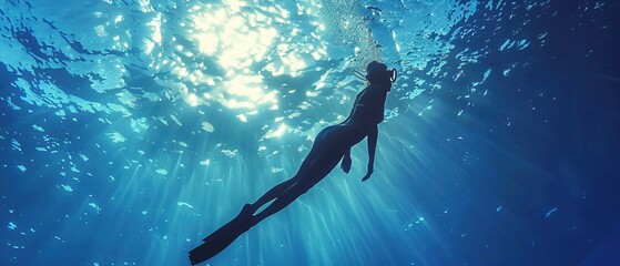 Woman freediver glides in blue ocean. Free diver girl dives underwater 