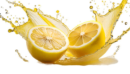 Cut lemon for two parts with splashing juice on a white isolated background. Generative AI.