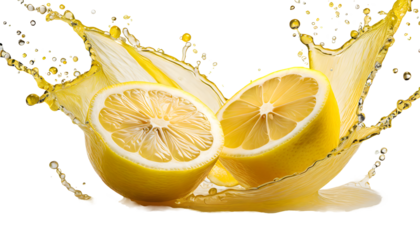 Cut lemon for two parts with splashing juice on a white isolated background. Generative AI.