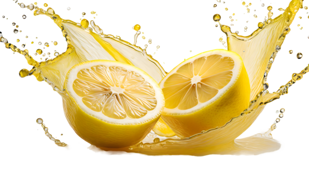 Cut lemon for two parts with splashing juice on a white isolated background. Generative AI.