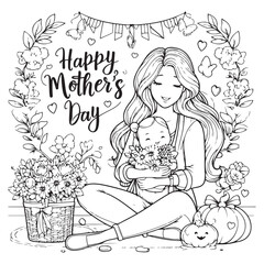 Baby with it's mother coloring page, happy mothers day