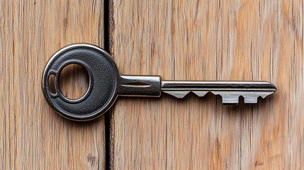 Close-up of a vintage metal key resting on a wooden surface, symbolizing access, security, and the unlocking of potential.