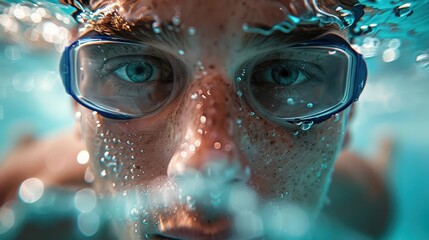 A sportsman in a swimming competition, capturing speed and focus (close up, swimming theme, ethereal, manipulation, competition pool backdrop)