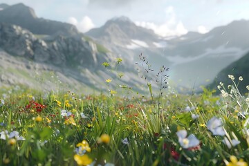 Beautiful spring meadow with flowers and snowcapped peaks in background