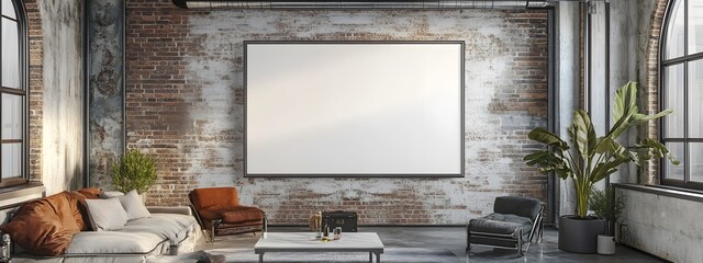 Mockup of a white background frame inside a cozy industrial-style loft space with exposed brick walls,steel-framed windows,and chic accent furnishings.