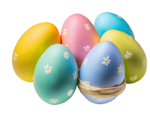 Cute colored easter eggs. Happy Easter on a white isolated background. Generative AI.