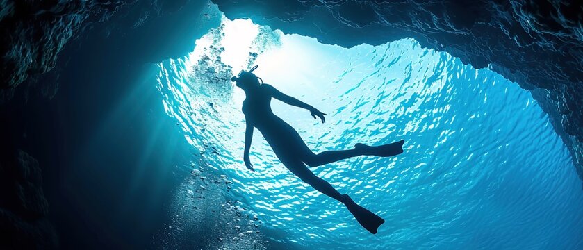 silhouette of free diver woman freediving in cave 