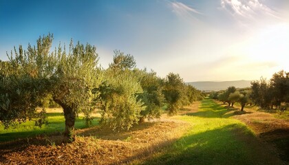 Fototapeta premium close up of Green olive tree in a large field ready for harvest 