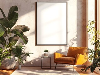 Mockup of a white background frame inside a sunlit mid century modern studio apartment featuring minimalist furnishings and decor in warm natural tones  The clean