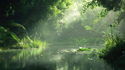 Naklejka premium A calm, reflective pond surrounded by lush greenery, with soft light and still waters creating an atmosphere of silent reverie.