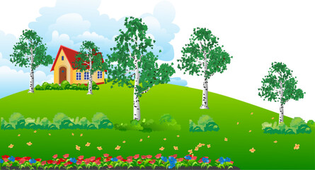 Landscape with a house on the hill with many beautiful birch trees nearby. Vector illustration.