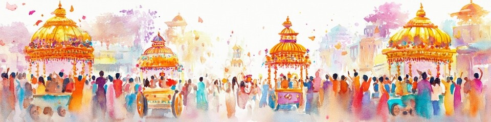 Vibrant Watercolor Rath Yatra Celebration: Abstract Illustration of Colorful Traditional Chariots. AI-Generated Cultural Festival Design for Marketing, UI, and Posters. Minimalist Composition with Ele