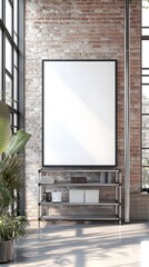 Mockup of a white background frame placed inside a modern industrial loft style home,featuring exposed brick walls,metal shelving units,and floor-to-ceiling windows.