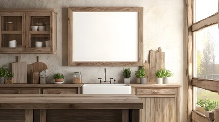 Mockup of a White Background Frame Set in a Cozy Farmhouse-Style Kitchen with Wooden Cabinetry,Rustic Island,and Farmhouse Sink. Featuring a Clean,Modern,and Elegant Interior Design.