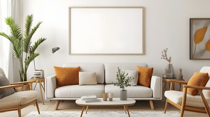 Mockup of a white background frame set in a cozy,neutral-toned living room with mid-century modern furniture and accent decor pieces. A clean,serene and minimalist interior design scene.