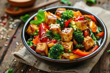 Tofu and Vegetable Stir Fry with Sesame Seeds.
