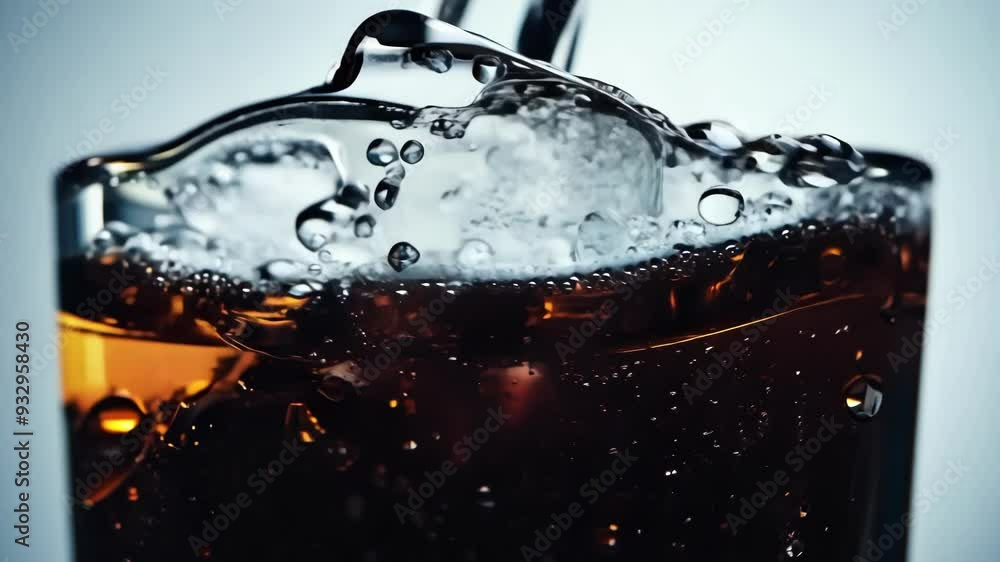 Poster mesmerizing close up captures an ice cube dropping into water, creating bubbles. the clear liquid sp
