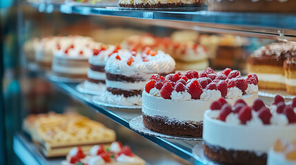 The showcase display in this scene is a mouthwatering presentation of a variety of cakes and pastries. With soft lighting, a well-arranged assortment, and a focus on the delicious textures and colors 