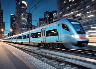 A high-speed image of a modern blue train moving through an urban cityscape