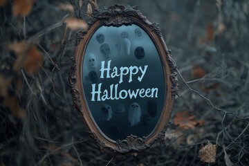 Haunted Mirror Collage: Images of a mirror reflecting ghostly faces. The text "Happy Halloween" in a reflective, eerie font at the center.