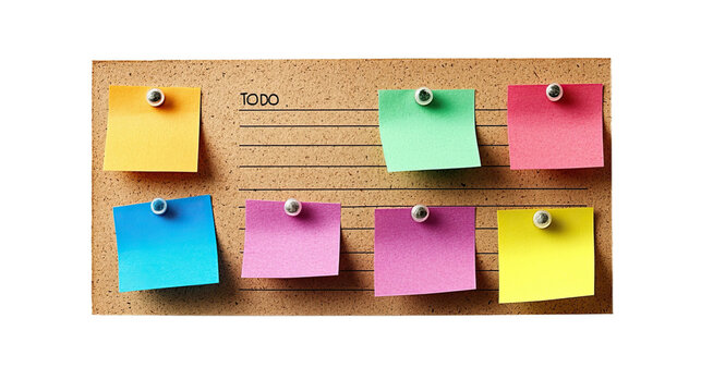 Colorful to-do board with sticky notes pinned on a cork surface. It features reminders and tasks organized in various colors.