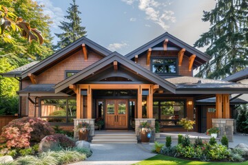 Naklejka premium Modern house exterior with wooden beams and large windows.