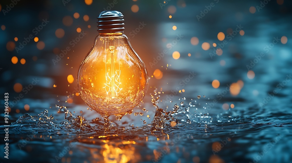 Poster a glowing light bulb splashing into water, set against a bokeh background, merging light and motion.