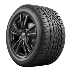 Stylish black tire with a sleek alloy rim. This performance wheel showcases modern design and durability for high-speed driving.