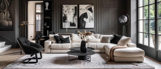 Modern living room with white sofa, black accents, and a large window.