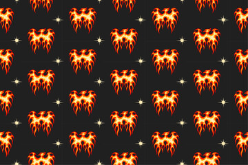 retro phoenix bird fire seamless pattern for print on textile, wrapping, banner, card. abstract eagle flaming old school pattern on black background. groovy red hawk flame seamless pattern