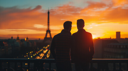 Fototapeta premium As the sun sets over the enchanting city of Paris, a couple lovingly embraces, enjoying a breathtaking romantic view featuring the iconic Eiffel Tower, rendering an utterly picturesque scene