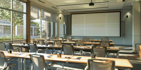 Fototapeta premium Modern conference room with rows of tables and chairs, bright natural light streaming in, creating welcoming atmosphere for meetings. 