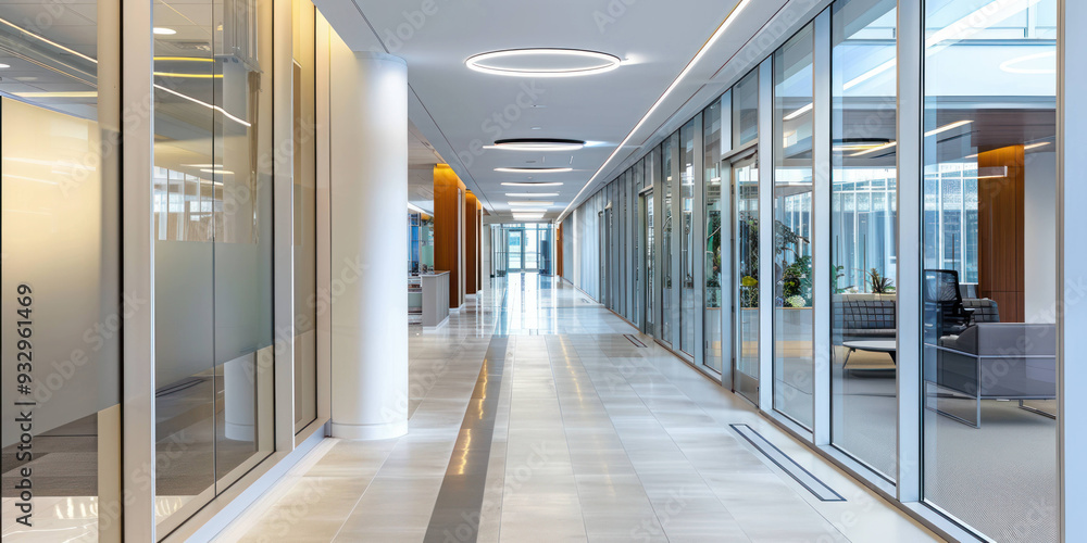Poster modern office corridor with glass walls and bright lighting, creating spacious and inviting atmosphe