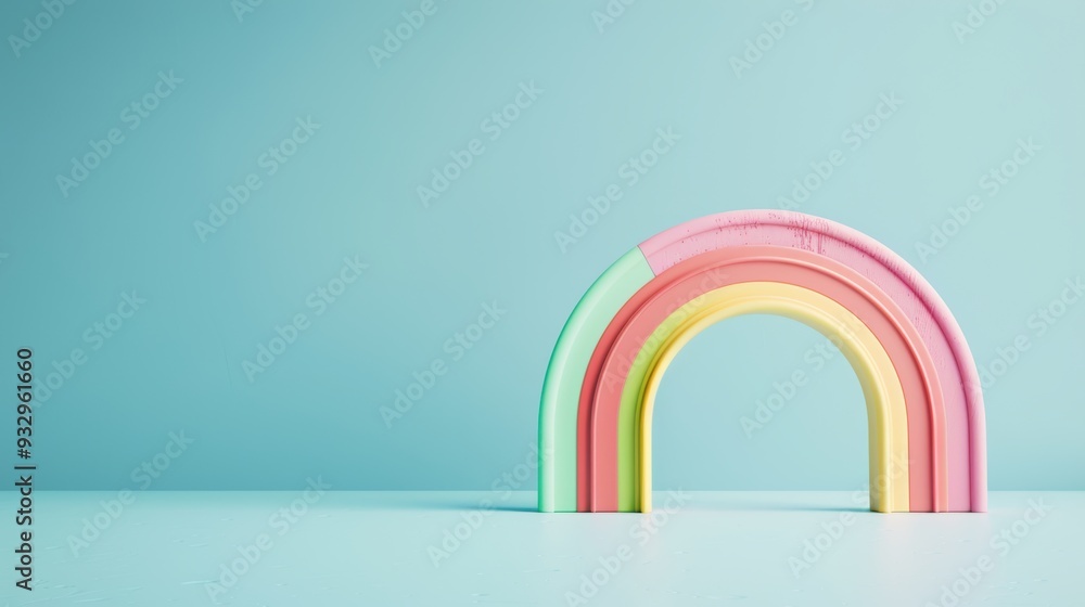 Poster an abstract representation of a rainbow created using digital effects, floating in a minimalist envi
