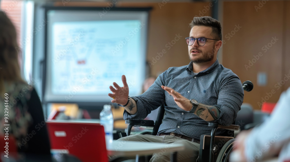 Poster engaged man in wheelchair passionately discussing ideas in meeting. his expressive gestures convey e