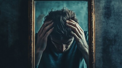 A man reflecting in a mirror, enveloped in a dark mood that conveys gloom, depression, sadness, loneliness, anxiety, stress, and despair.