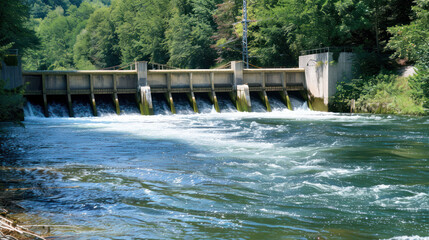 Water flows rapidly over dam, surrounded by lush greenery, creating serene and powerful scene. 