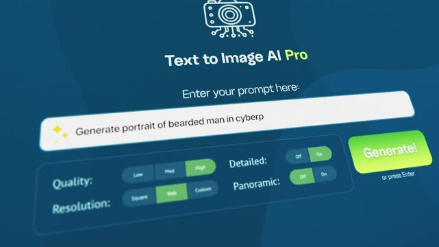 User interface of AI image generator. Modern artificial intelligence chatbot generate detailed high-quality image: Portrait of man in cyberpunk style. From text prompt to realistic generated photo.